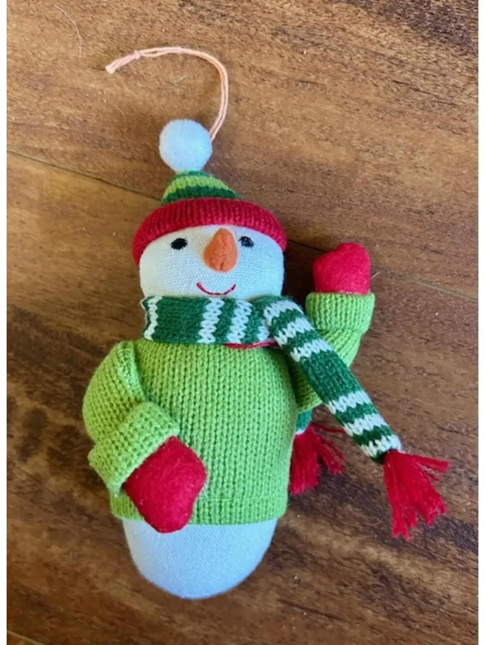 Knitted Snowman Christmas Ornament with Green Sweater and Scarf